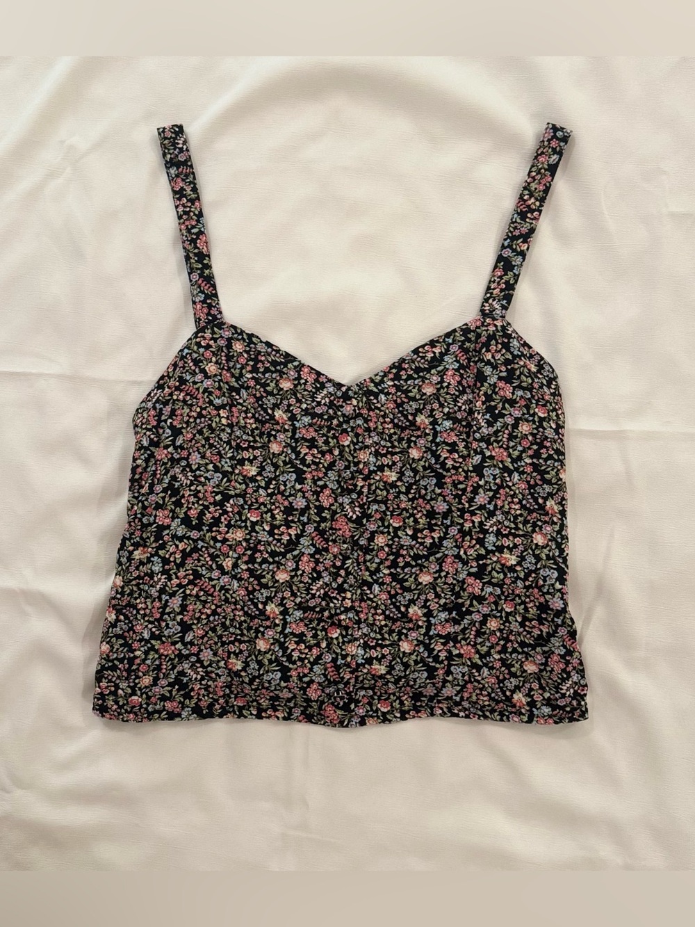 Abercrombie & Fitch Floral Cropped Cami, Black w/ Pink & Blue Flowers, Size XS